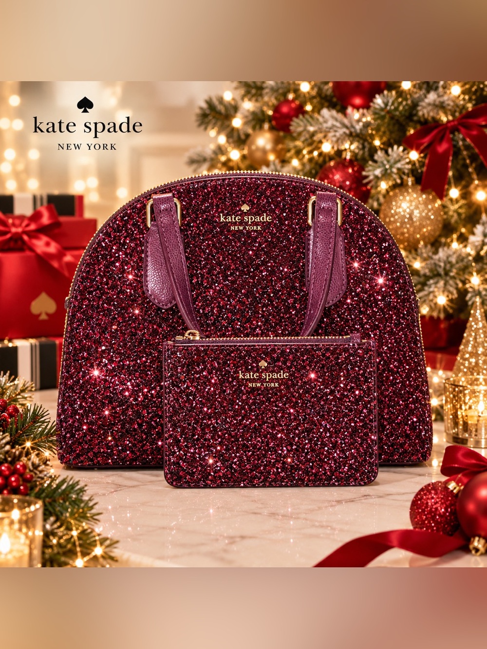 Kate Spade glitter dome satchel and cardholder/wallet in burgundy